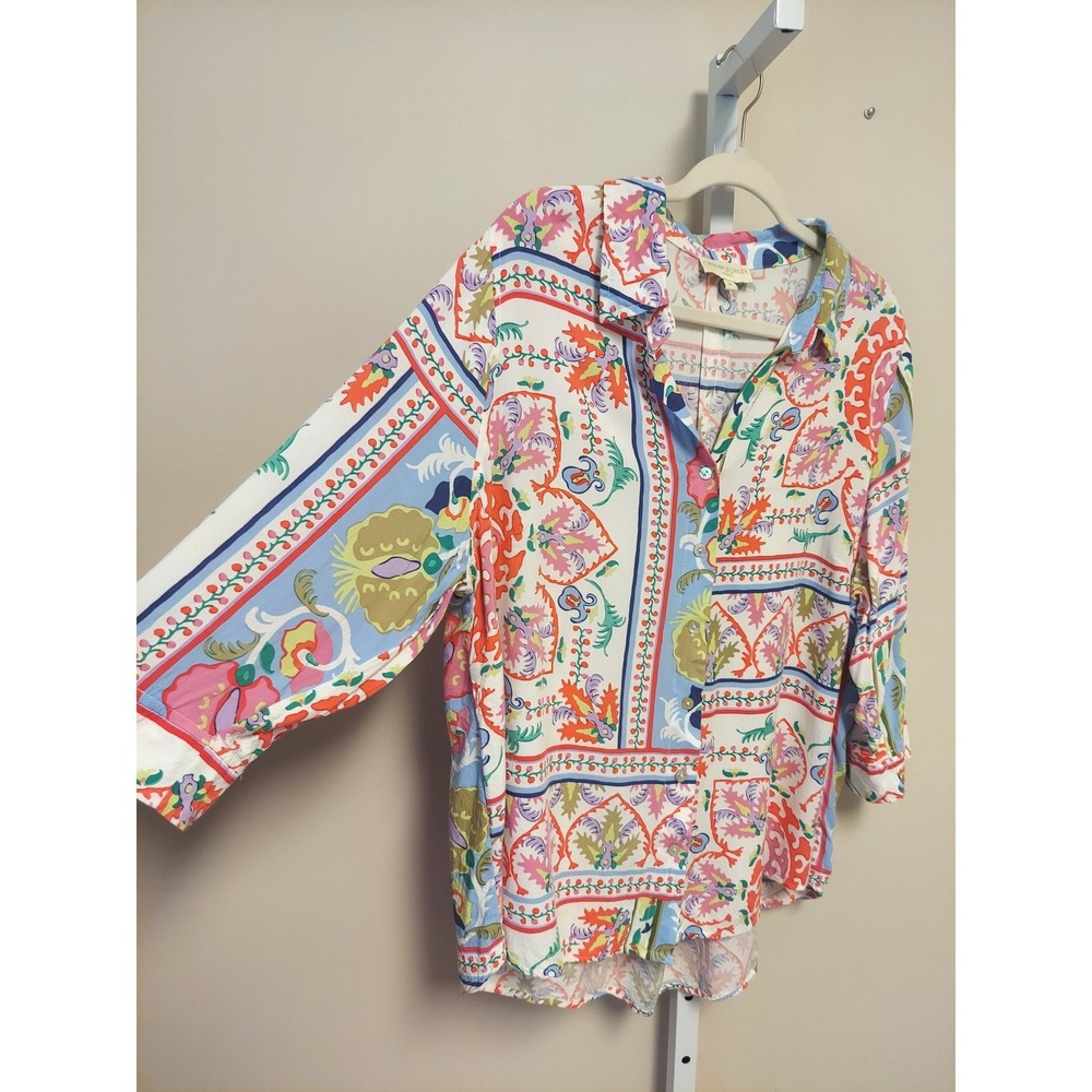 Cynthia Rowley Woman Blouse 1X Multi Color Scarf Print Rayon 3/4 Sleeve Top